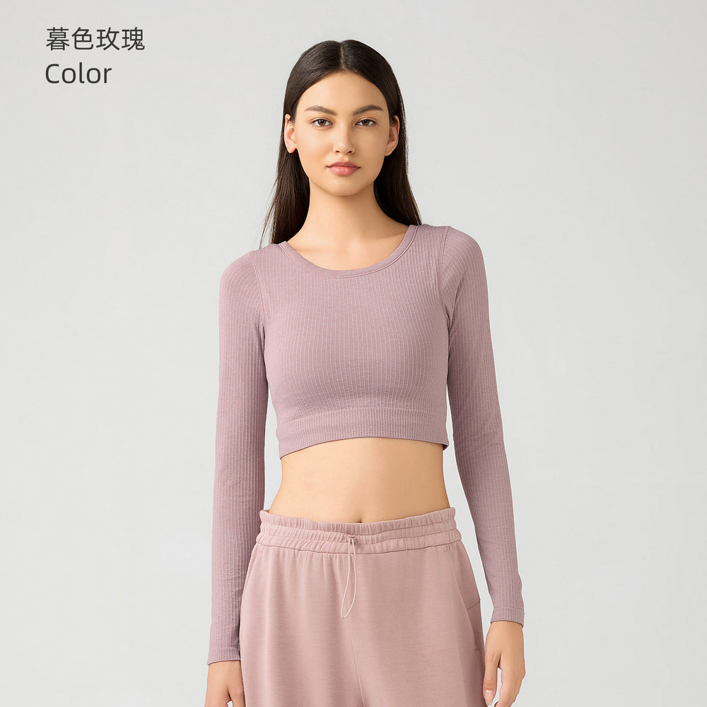 Women's yoga top with built-in bra pads, running & fitness cropped stretch top, new slim-fit long sleeve activewear - daw197