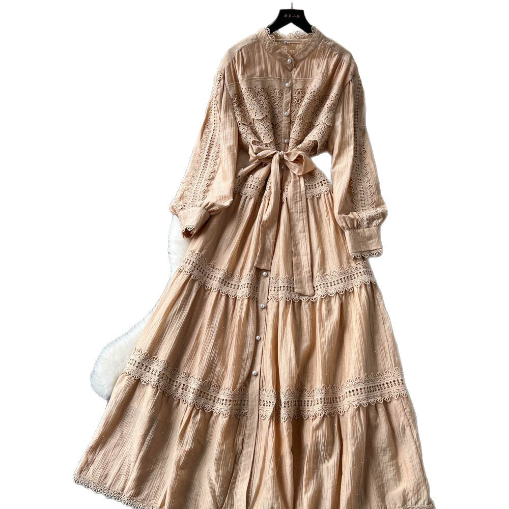 French retro court lace patchwork tie-waist lantern sleeve rhinestone embellished dress - slimming, elegant, and chic maxi dress
