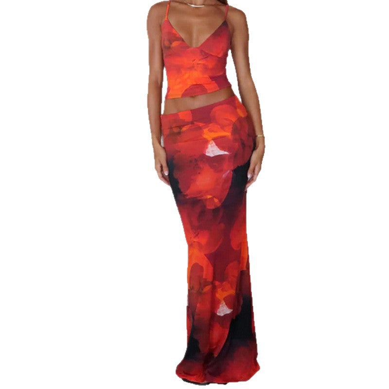 european and american cross-border women's fashion: new autumn casual versatile printed v-neck tank top and maxi skirt set