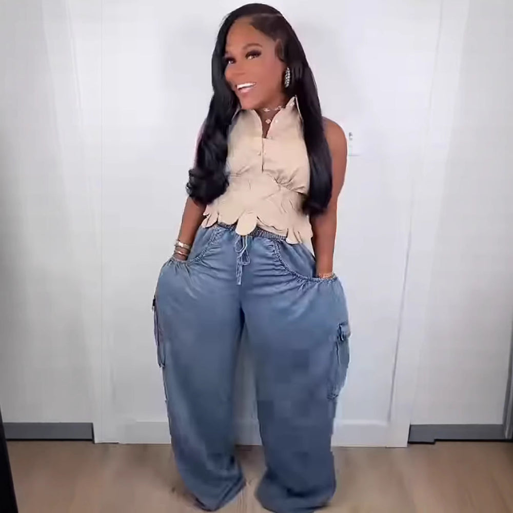 European and american style women's casual jeans -  cross-border fashion - elastic waist, drawstring tie, multi-pocket, straight-leg trousers