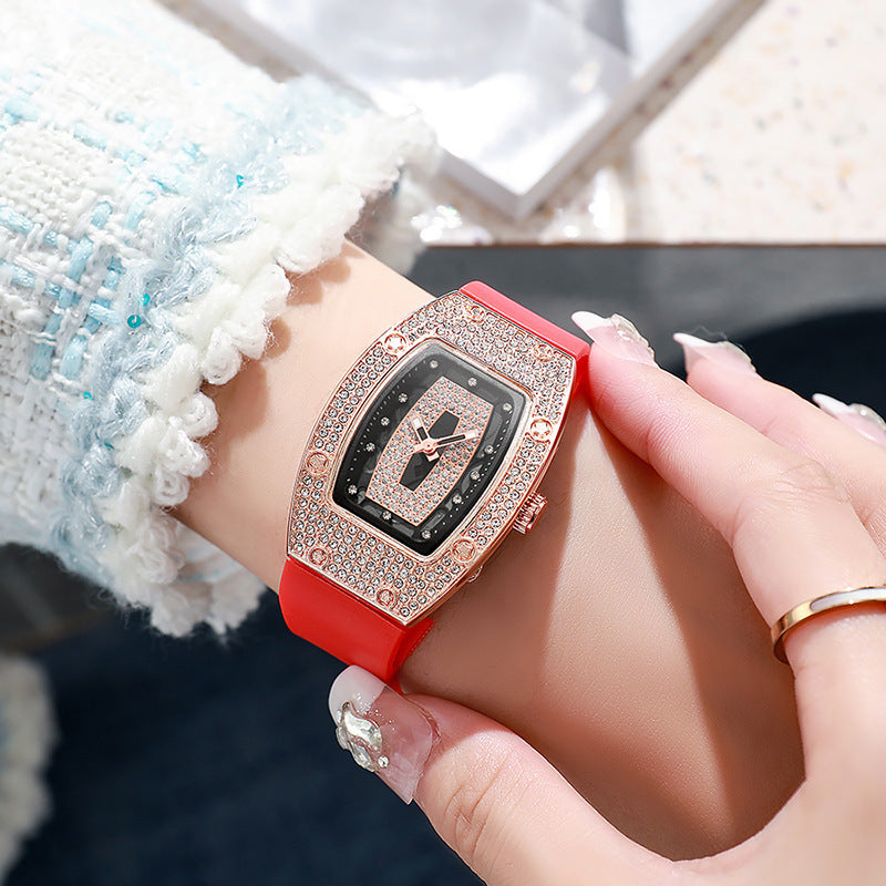 Honghong wine barrel-shaped diamond-encrusted quartz tape women's watch fashiontrendyelegant women's watch silicone watch wholesale