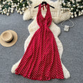 French halter polka dot sexy backless dress women's summer red deep v neck waist elegant vacation style long dress