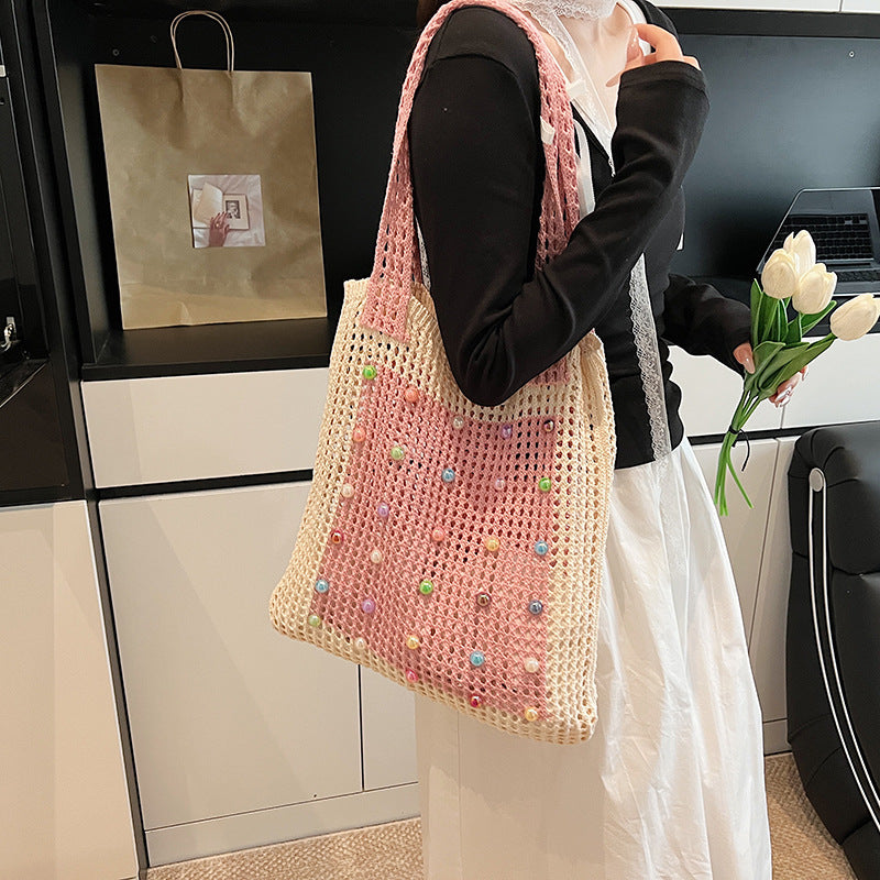 Knitted dopamine bag for women, 2026 spring new fashion shoulder bag, underarm bag, student handbag, large capacity tote bag