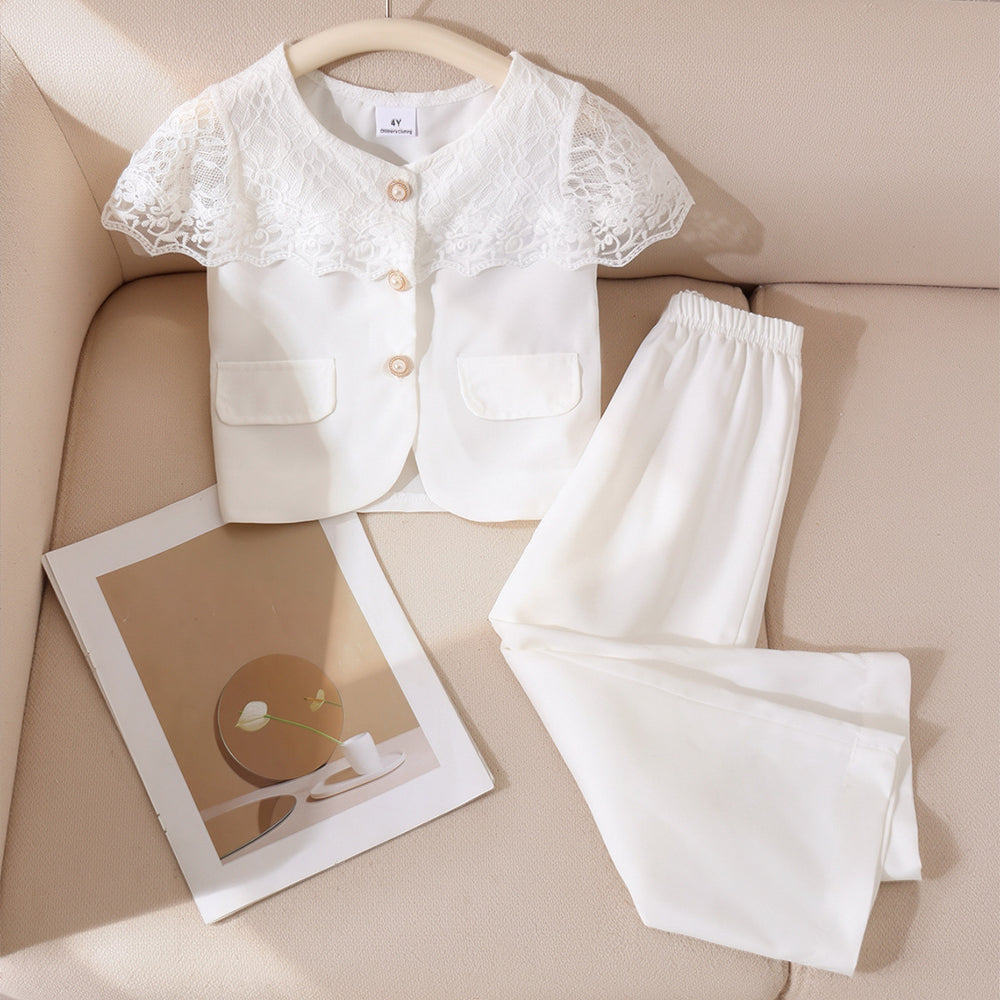 Children's clothing shein cross-border girl suitwhitetops+pantstwo-piece set
