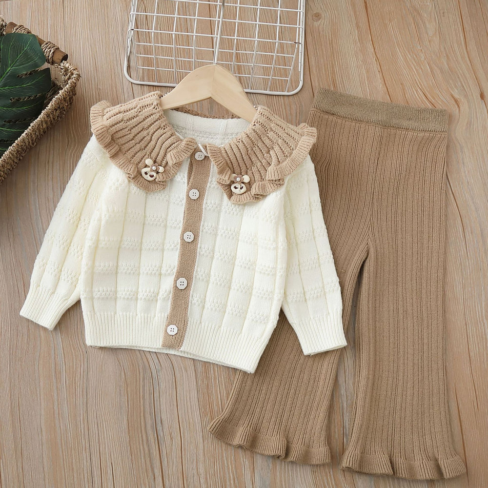 Girls' knitted cardigan sweater set - new autumn/winter  collection - handmade floral detail, big collar, knitwear outfit