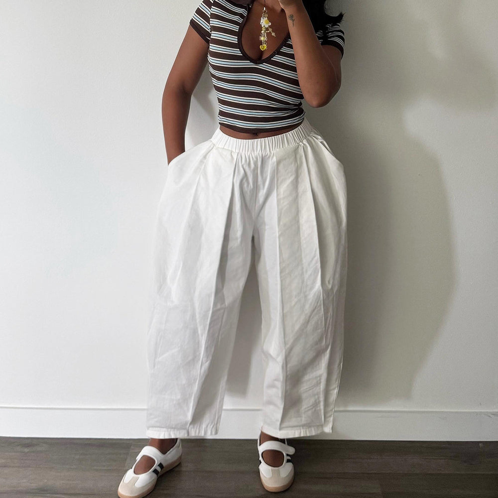 S391656 cross-border white elastic high waist women's harem pants loose pleated casual pants casual wide leg pants