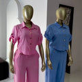 European and american cross-border women's fashion:  summer new collection - solid color turn-down collar short sleeve shirt & casual wide-leg pants set