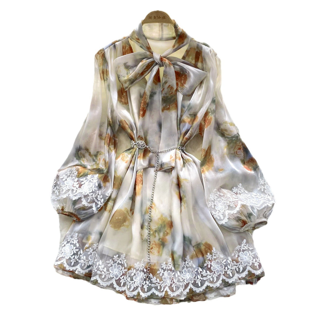 Spring european and american style women's dress - bow neckline, tie-up lantern sleeves, lace trim, shiny chiffon skirt, mini dress