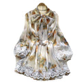 Spring european and american style women's dress - bow neckline, tie-up lantern sleeves, lace trim, shiny chiffon skirt, mini dress