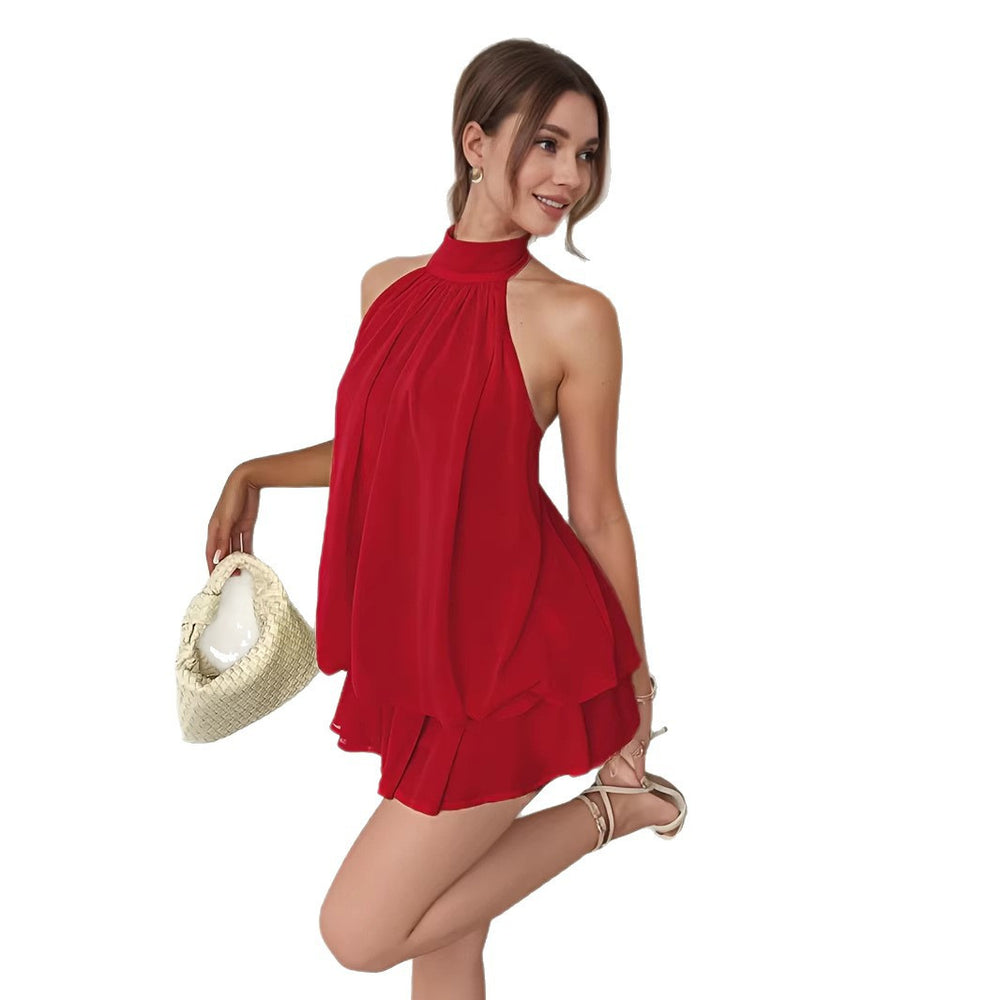 European and american cross-border  new collection: slim-fit, sexy, backless, halter neck, cinched waist top with flared mini skirt dress for women