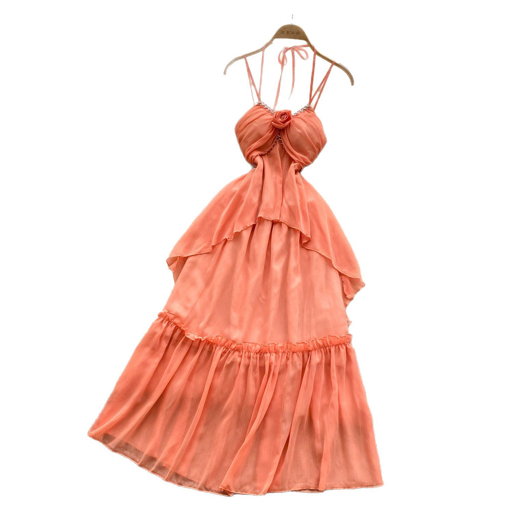 Beach vacation style cami dress - women's summer 3d floral ruffle hem bodycon maxi dress - unique, beautiful, and effortlessly chic