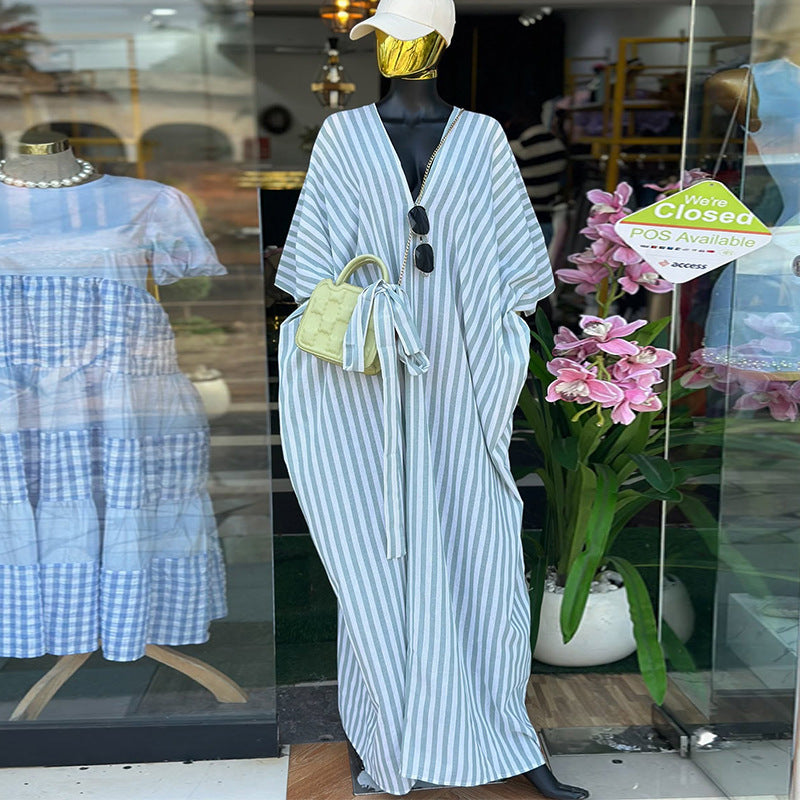 European and american cross-border women's clothing:  spring new arrival - casual chic v-neck loose plus size striped maxi dress