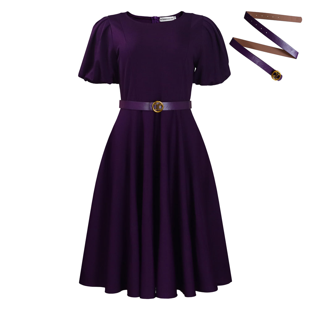 C8601 cross-border women's fashion: european & american  style - round neck, elegant, figure-flattering, a-line dress with puff sleeves and a flowy skirt