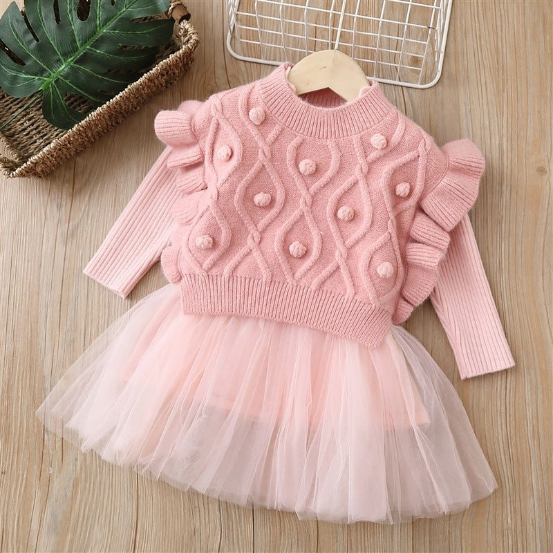 Winter kids' sweater dress set: girls' princess dress with vest - two-piece outfit for baby girls, princess style