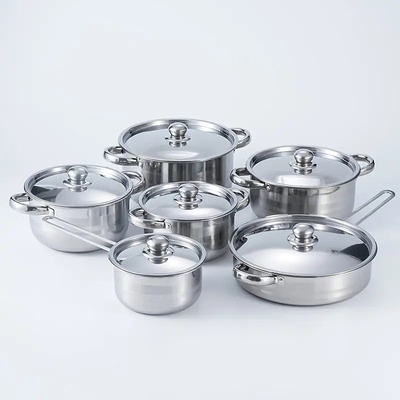 Wholesale stainless steel cookware set cross-border 12pcs cookware set household soup pot milk pot frying pan combination cookware pot