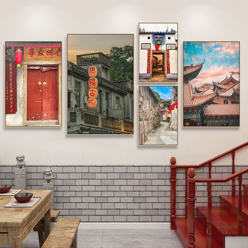 Jieyang ancient city architectural landscape hanging painting hotel box wall decoration painting hot pot restaurant restaurant characteristic cultural tourism mural