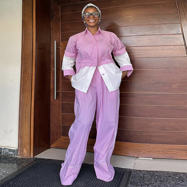 European and American  women's clothing 2025 summer new fashion casual striped contrasting color long-sleeved shirt wide-leg pants set