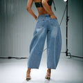 Fashionjeans women's patchworkhigh waist cocoon type scimitar pants retro light blue looseslimming lookshortloose pantsjeans
