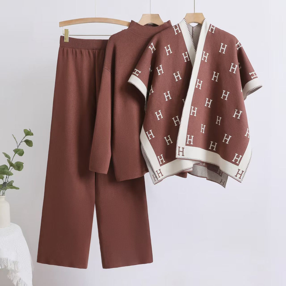2025 autumn new arrival: chic capelet letter shawl jacket + solid color top + wide-leg pants knit three-piece set