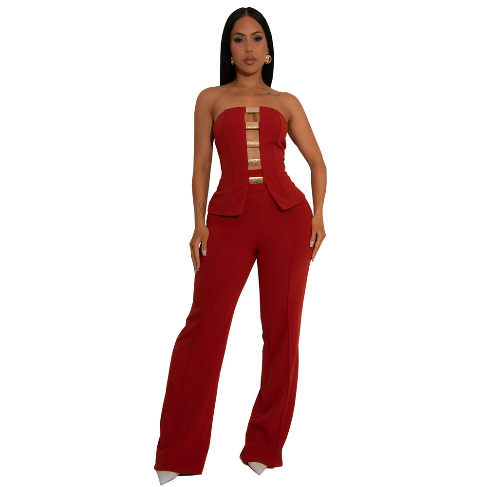 C7367 cross-border   fashion women's sexy bandeau gold buckle wrap-around arm pants two-piece set