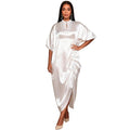 White satin stand collar lace cut outdress looseasymmetrical drawstring slit elegant african robe skirt