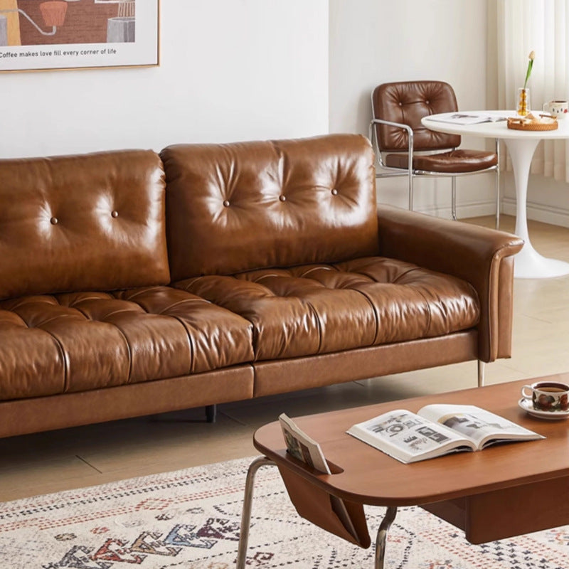 Double french straight leather sofa scandinavianretrofor home living room brown nebula longjiang sofa small apartment