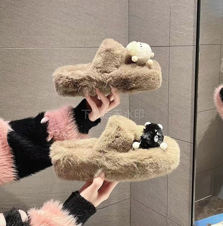 Women's fuzzy slippers - 2024 new fashion, versatile, cute, trendy, thick-soled, non-slip, home cotton slippers, thong sandals