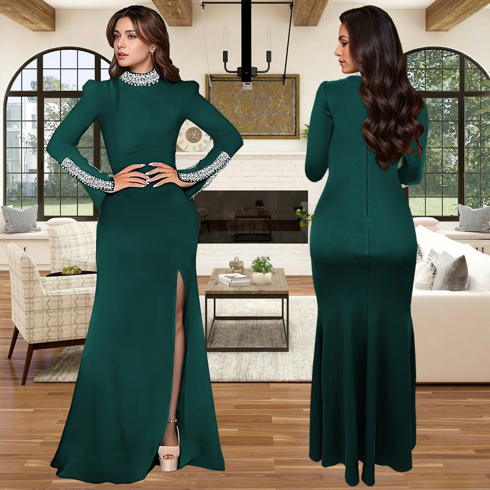 C7271 cross-border   fashion women's solid color long sleeve rhinestone slit dress new arrival