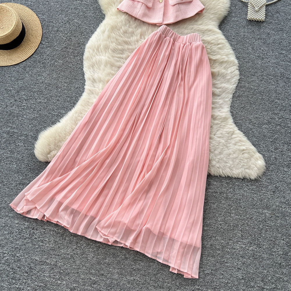 Xiaoxiangfeng pink two-piece set women's summer short-sleeved high waist waist light mature style pleated skirtaccessible luxuryelegantsuit