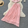 Xiaoxiangfeng pink two-piece set women's summer short-sleeved high waist waist light mature style pleated skirtaccessible luxuryelegantsuit