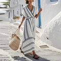 cross-border fashion: european & american summer new arrivals - women's stylish vacation v-neck short sleeve striped ruched maxi dress