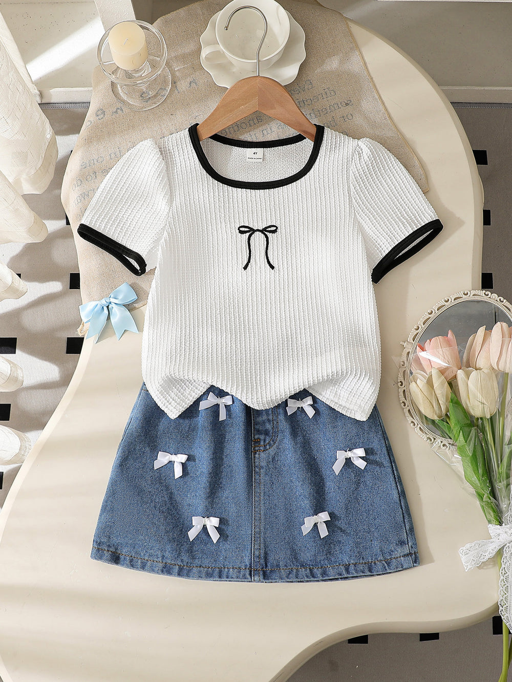 new summer cross-border textured bow embroidered top & heavy-duty washed denim skirt two-piece set