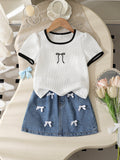 new summer cross-border textured bow embroidered top & heavy-duty washed denim skirt two-piece set