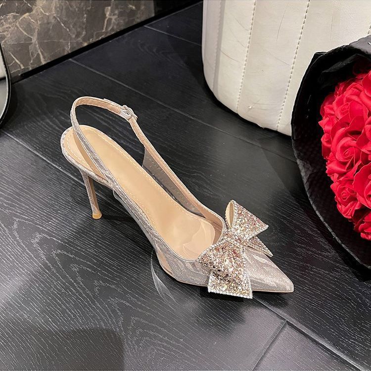Stiletto pointed-toe bridal sandals with closed toe – 2026 summer new collection – bowknot high heels with sequin rhinestone detail – bridesmaid shoes