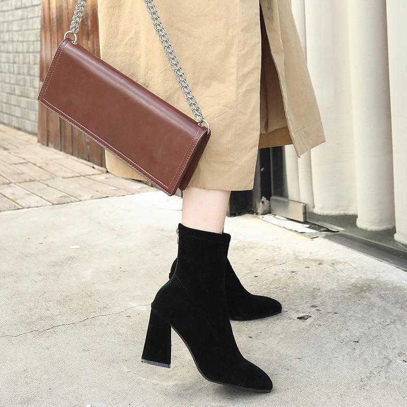 Women's boots: new korean style 2025 autumn/winter mid-calf pointed-toe chunky heel ankle boots, women's high heel elastic boots