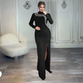 C7297 cross-border   fashion women's sexy slim-fit slit rhinestone chain long sleeve dress