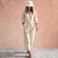european and american cross-border spring/autumn new arrival: knotted, high-end style shirt with three-quarter sleeves – effortless vacation v-neck set