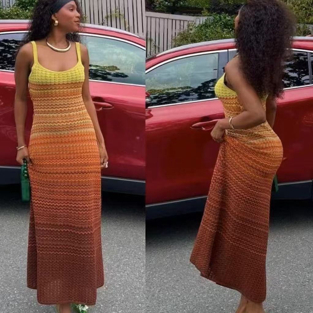 S home French high-end seaside vacation gentle wind gradual change long dress sleeveless suspender knitted dress