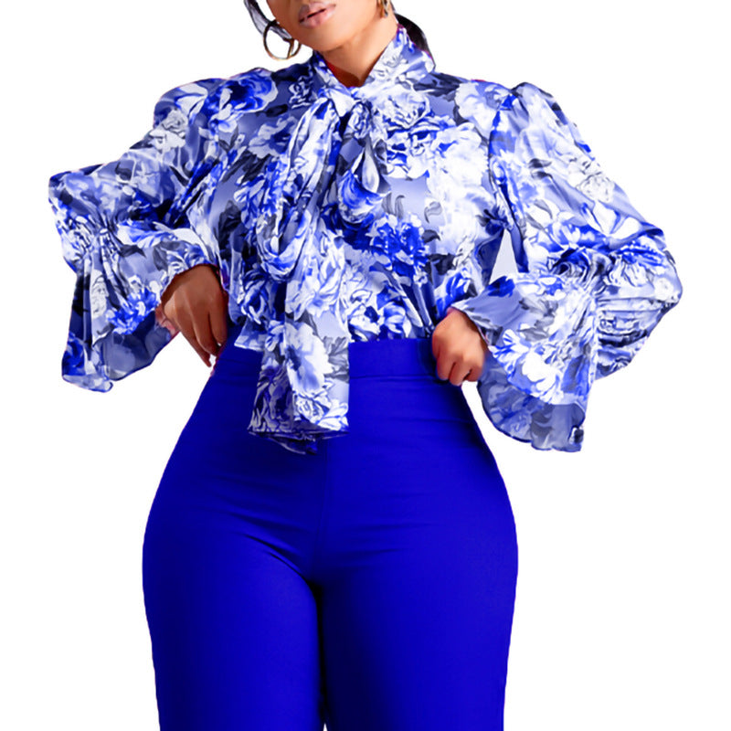 D342 european and american women's clothing  new fashionable elegant slimming printed tie-up shirt plus size african export blouse
