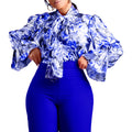 D342 european and american women's clothing  new fashionable elegant slimming printed tie-up shirt plus size african export blouse