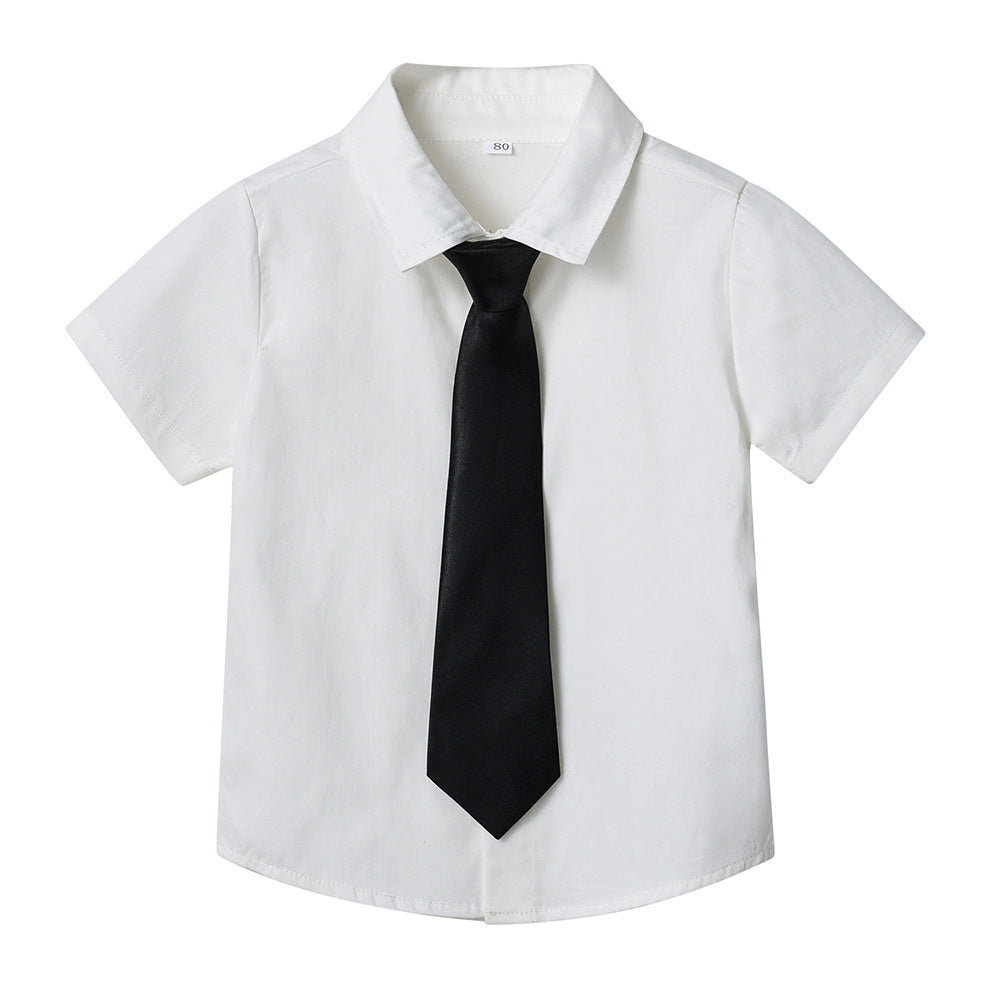 Boys' cotton shirt - korean style, new spring/summer trendy design with tie, baby white, stylish preppy school style boys' shirt