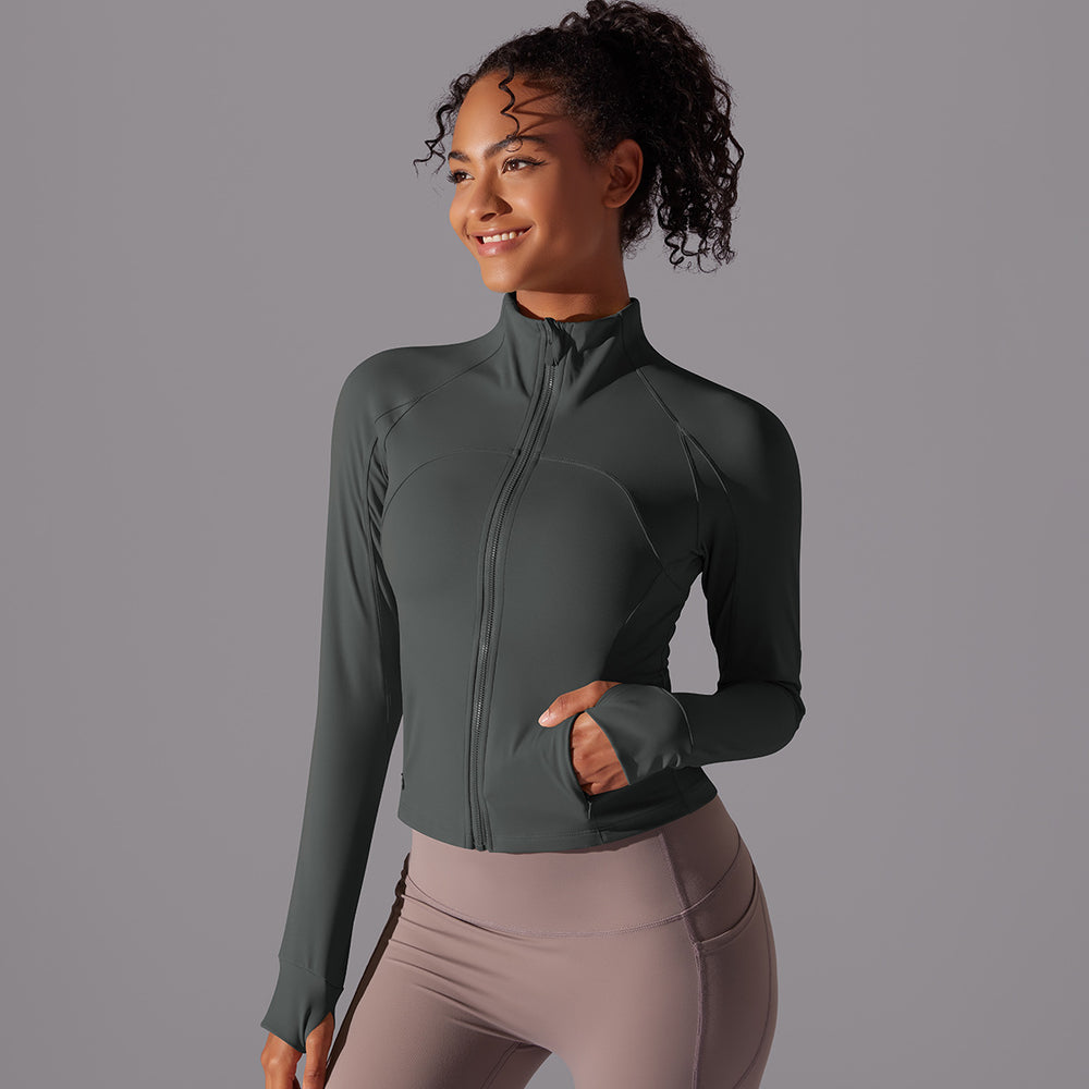 Naked comfortable outdoor sports outwear breathable mesh stand collar long sleeves zipper topsilm yoga fitness outwear