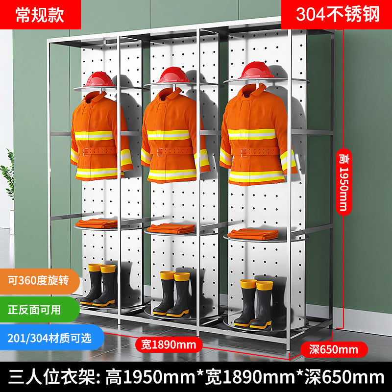 Stainless steel fire fighting clothes rack Double-sided rotating rescue team equipment rack Fire and chemical protection life-saving clothing storage rack