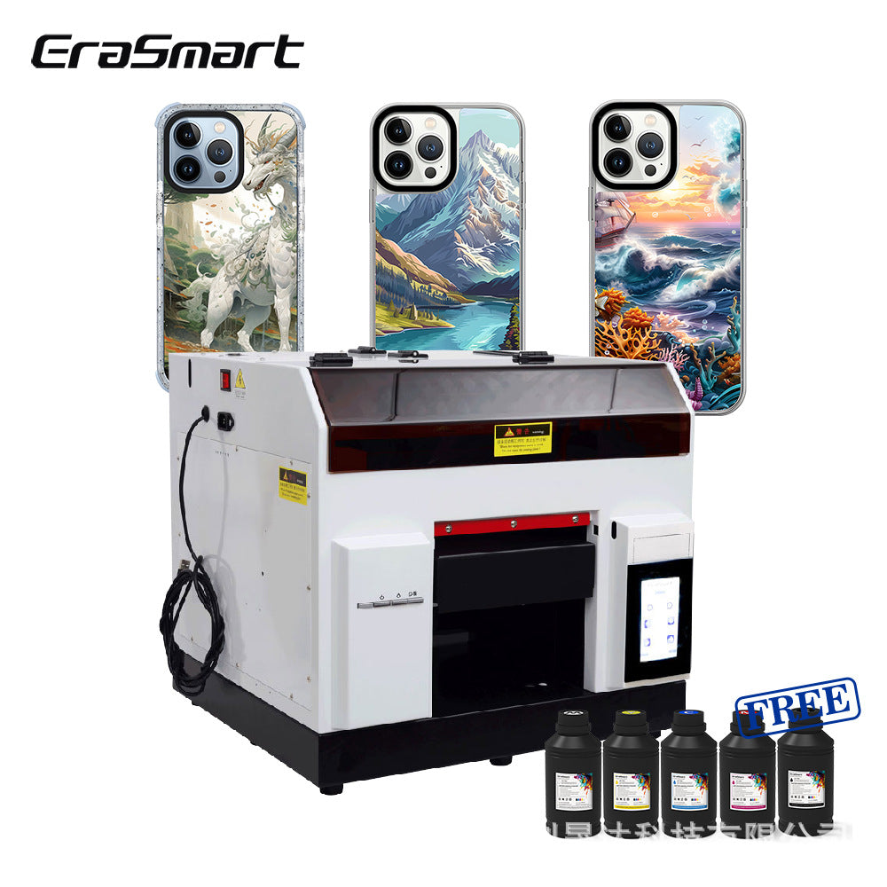 Erasmart Small A4UV Printer Mobile Phone Case Acrylic Wine Bottle Box Nameplate Plastic Flatbed Printing Machine