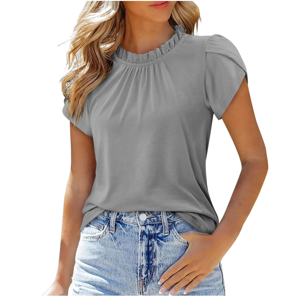 cross-border women's solid color button-down crew neck short sleeve ruched top