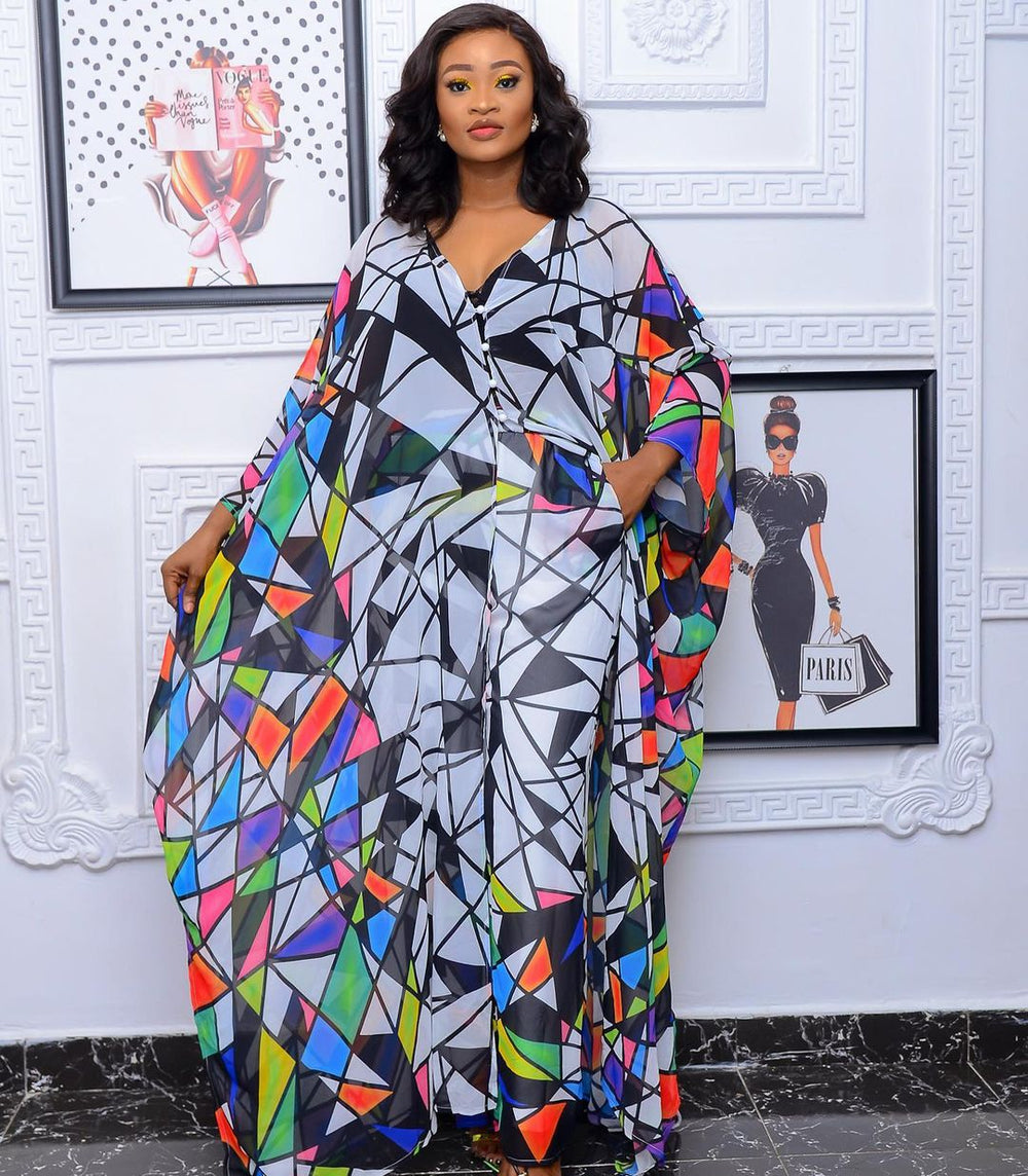 supply: chiffon digital print plus size women's african & european fashion set - robe with loose-fit pants