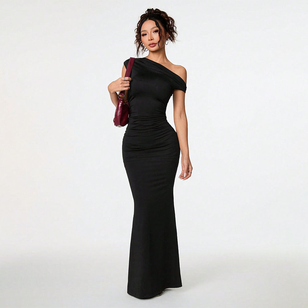Amazon tk hot selling cross-border women's sexy socialite style dress summer off-the-shoulder asymmetrical neck black evening gown maxi dress