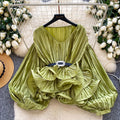 Accessible luxury socialitesatin pleated long sleevesshirt women's ruffles lantern sleeveselegantlooseniche stylesense of designtops
