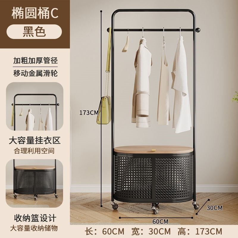 Bedroom floor-standing secondary net clothes hanger, small clothes hanger with dirty clothes basket, movable coat rack, round frame black