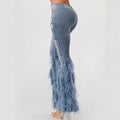 new european and american  cross-border  fashion casual denim jeans with beaded long fringe detail for women